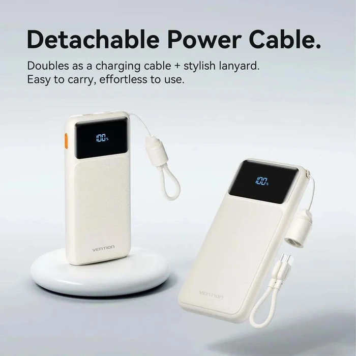 Vention XGYW0-39-TY Power Bank 10000mAh 22.5W USB-C + USB-A με Ενσωματωμένο Καλώδιο, Λευκή LED Οθόνη