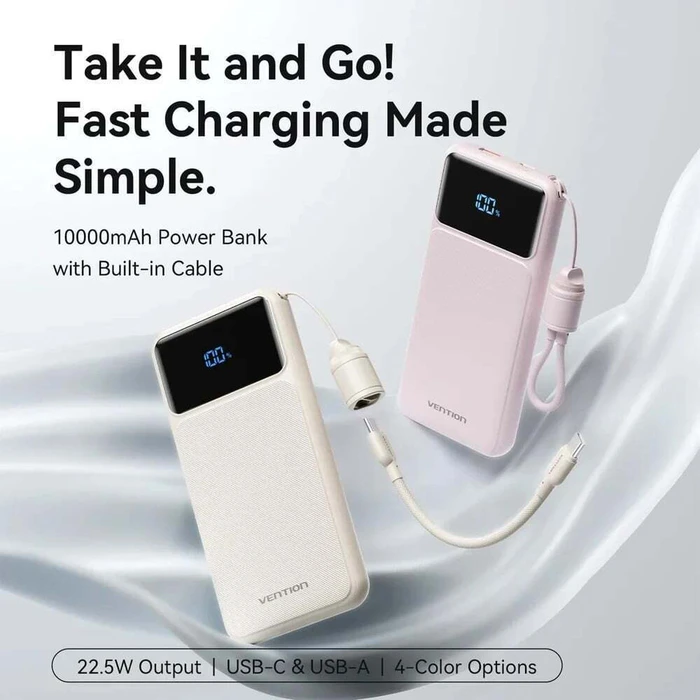 Vention XGYW0-39-TY Power Bank 10000mAh 22.5W USB-C + USB-A με Ενσωματωμένο Καλώδιο, Λευκή LED Οθόνη
