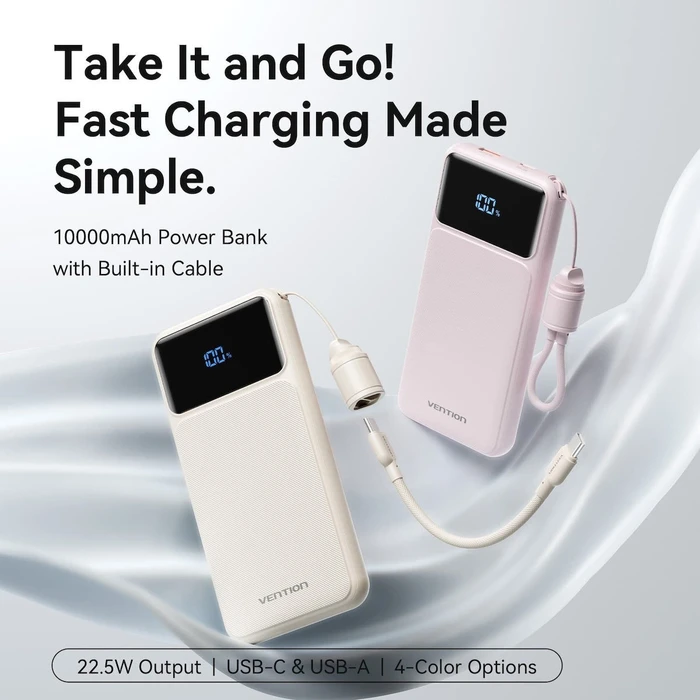 Vention XGYP0-39-TY Power Bank 10000mAh 22.5W Ροζ (Gradient Pink) με Ενσωματωμένο Καλώδιο USB-C + USB-A, Οθόνη LED