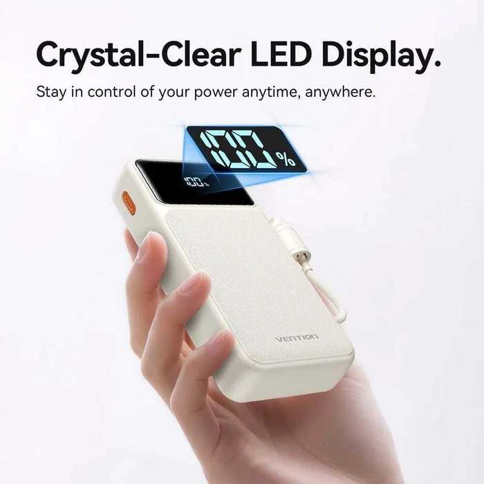 Vention 20000mAh Power Bank (USB-C + USB-A) with Built-in Cable 22.5W White LED Display Type (XGYW0-40-TY) (VENXGYW0-40-TY)