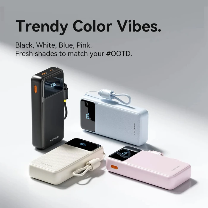 Vention 20000mAh Power Bank (USB-C + USB-A) with Built-in Cable 22.5W Blue LED Display Type (XGYL0-40-TY) (VENXGYL0-40-TY)