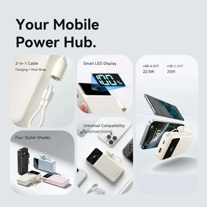 Vention 20000mAh Power Bank (USB-C + USB-A) with Built-in Cable 22.5W Blue LED Display Type (XGYL0-40-TY) (VENXGYL0-40-TY)