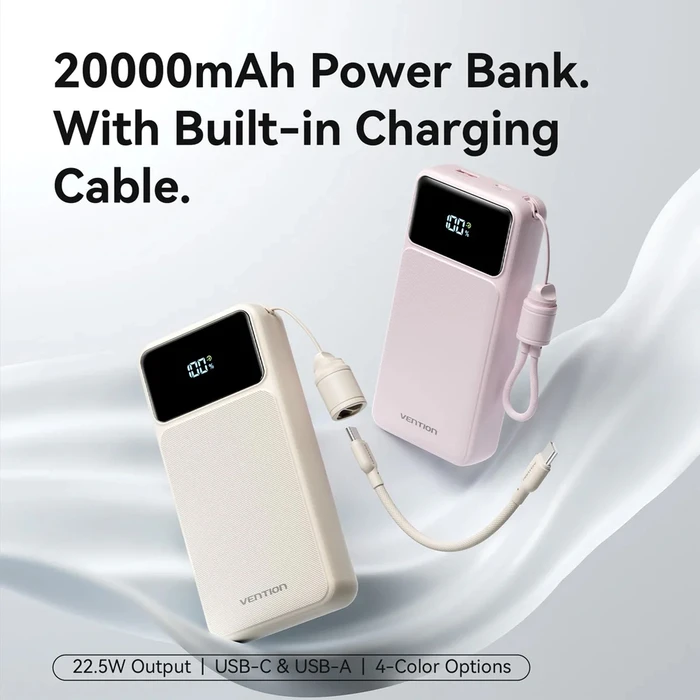 Vention 20000mAh Power Bank (USB-C + USB-A) with Built-in Cable 22.5W Blue LED Display Type (XGYL0-40-TY) (VENXGYL0-40-TY)