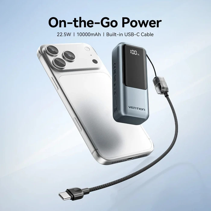 VENTION Mini Power Bank 10000mAh FKOH0 22.5W (USB-C + USB-A) Γκρι με Οθόνη LED