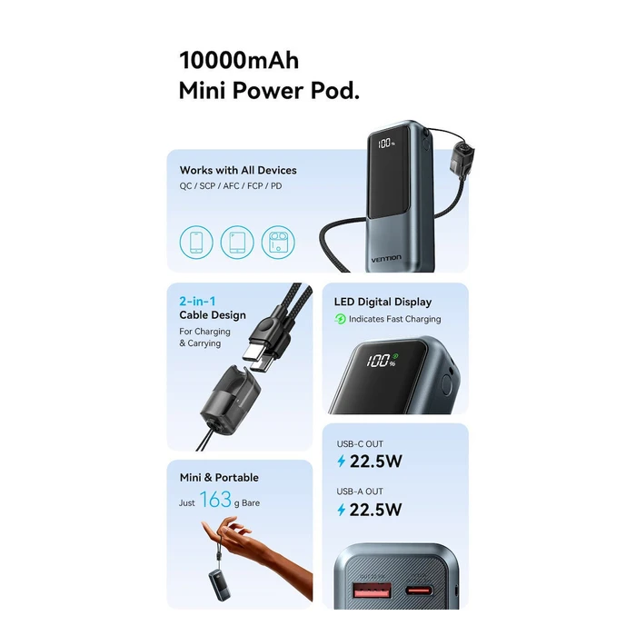 VENTION Mini Power Bank 10000mAh FKOH0 22.5W (USB-C + USB-A) Γκρι με Οθόνη LED