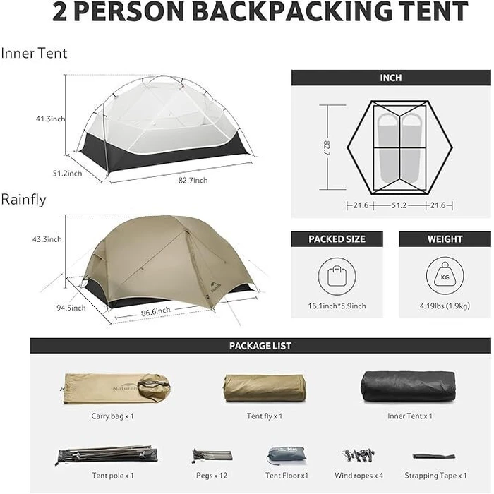 Naturehike Mongar UL Camping Igloo Tent Beige 3-Season for 2 Persons 240x220x105 cm