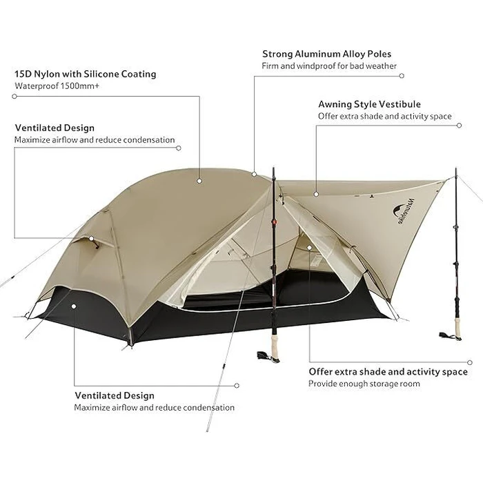 Naturehike Mongar UL Camping Igloo Tent Beige 3-Season for 2 Persons 240x220x105 cm