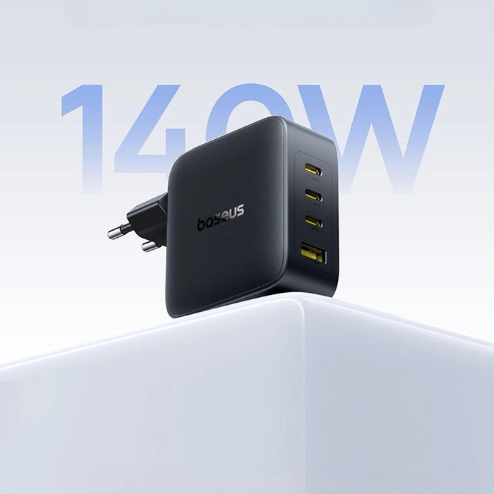Baseus EnerFill FH11 140W GaN Wall Charger — 3x USB-C PD + 1x USB-A, Quick Charge 3.0, Black