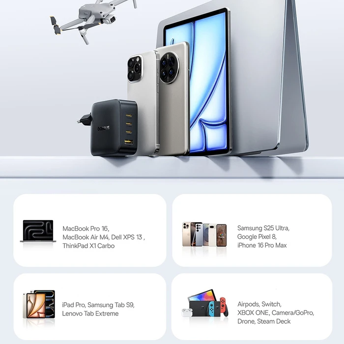Baseus EnerFill FH11 140W GaN Wall Charger — 3x USB-C PD + 1x USB-A, Quick Charge 3.0, Black