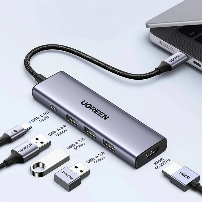 UGREEN Κόμβος USB C CM511 HDMI 4K 60Hz 3x USB 3 0 5Gbps PD 100W ασημί 15597