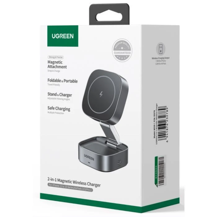 UGREEN Φορτιστής Ασύρματος 2 σε 1 για iPhone AirPods W256 20W Μαύρος με Καλώδιο USB C σε USB C 1m 35278