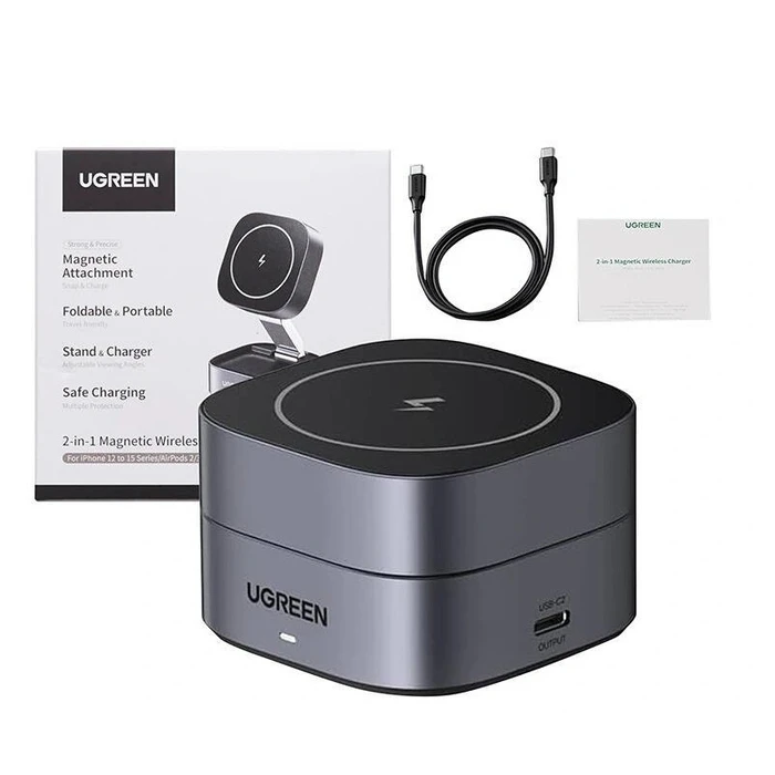 UGREEN Φορτιστής Ασύρματος 2 σε 1 για iPhone AirPods W256 20W Μαύρος με Καλώδιο USB C σε USB C 1m 35278