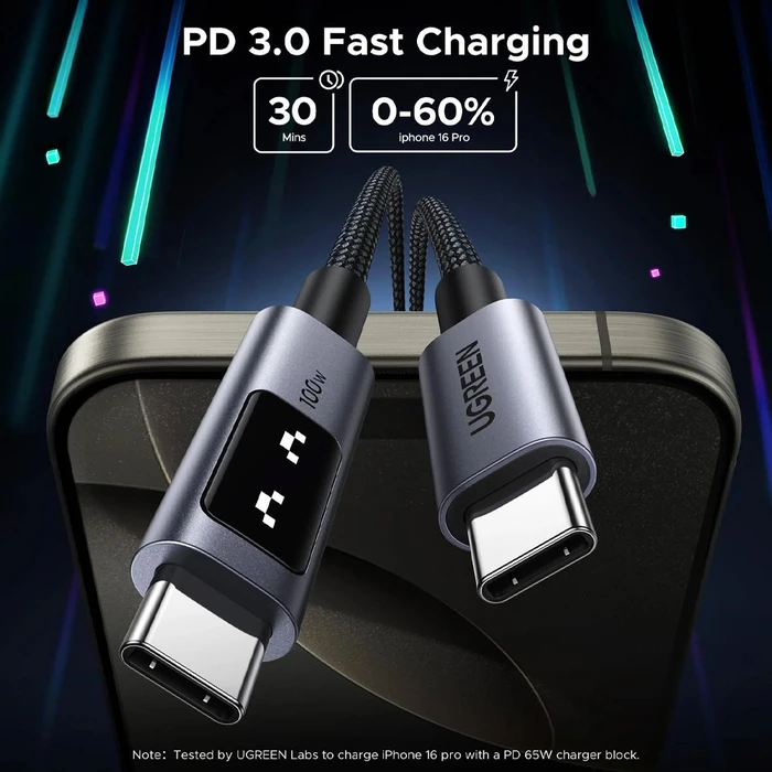 Ugreen Uno L509 100W USB-C to USB-C PD Fast Charging Cable LED 2m