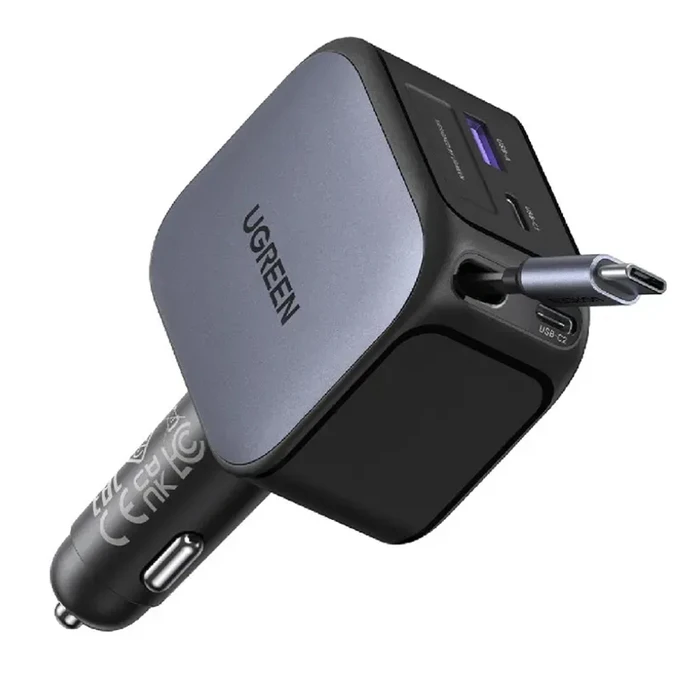 UGREEN Nexode EC604 145W Fast Car Charger — 1× USB-A, 1× USB-C + 70 cm retractable integrated USB-C cable (Model 55910B, SKU 21384671, EAN 6941876271405)