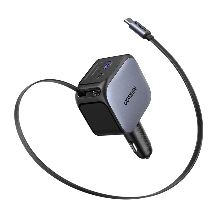 UGREEN Nexode EC604 145W Fast Car Charger — 1× USB-A, 1× USB-C + 70 cm retractable integrated USB-C cable (Model 55910B, SKU 21384671, EAN 6941876271405)
