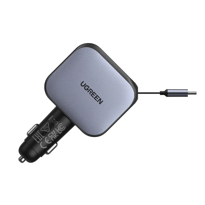 UGREEN Nexode EC604 145W Fast Car Charger — 1× USB-A, 1× USB-C + 70 cm retractable integrated USB-C cable (Model 55910B, SKU 21384671, EAN 6941876271405)