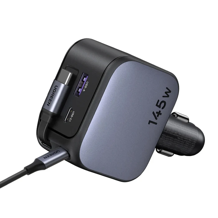 UGREEN Nexode EC604 145W Fast Car Charger — 1× USB-A, 1× USB-C + 70 cm retractable integrated USB-C cable (Model 55910B, SKU 21384671, EAN 6941876271405)