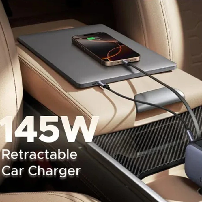 UGREEN Nexode EC604 145W Fast Car Charger — 1× USB-A, 1× USB-C + 70 cm retractable integrated USB-C cable (Model 55910B, SKU 21384671, EAN 6941876271405)