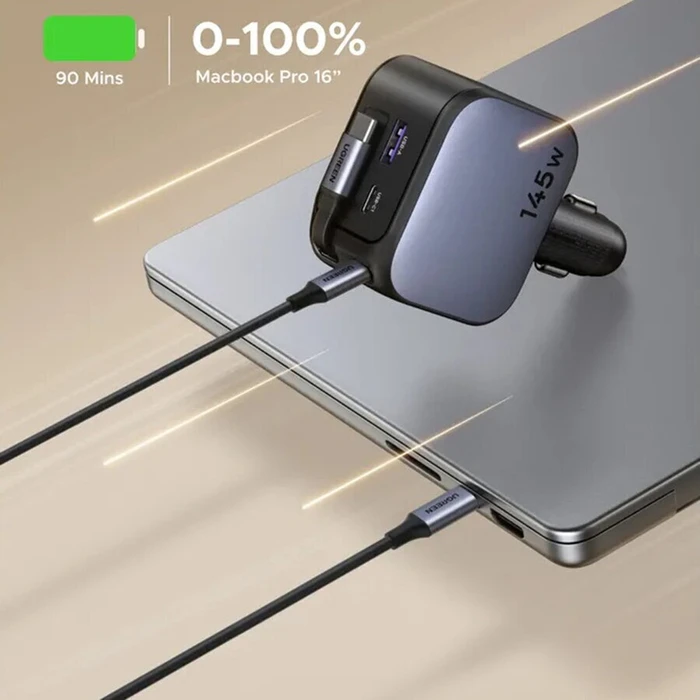 UGREEN Nexode EC604 145W Fast Car Charger — 1× USB-A, 1× USB-C + 70 cm retractable integrated USB-C cable (Model 55910B, SKU 21384671, EAN 6941876271405)