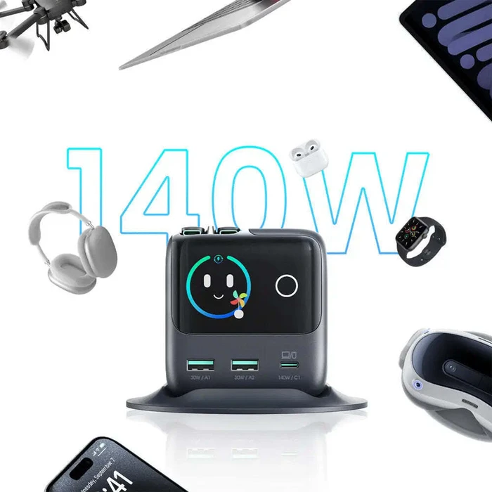 Joyroom GaN Charging Station with 2 x USB-A and 1 x USB-C Ports + USB-C Cable, 140W, Quick Charge 3.0, Grey (JR-TRD01)