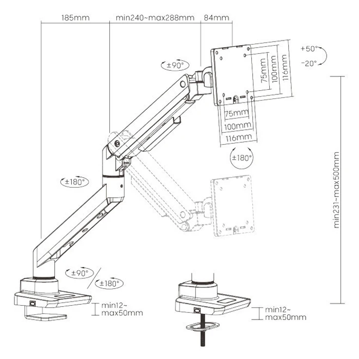 Brateck Desk Monitor Arm Gas Spring up to 49" LDT69-C012