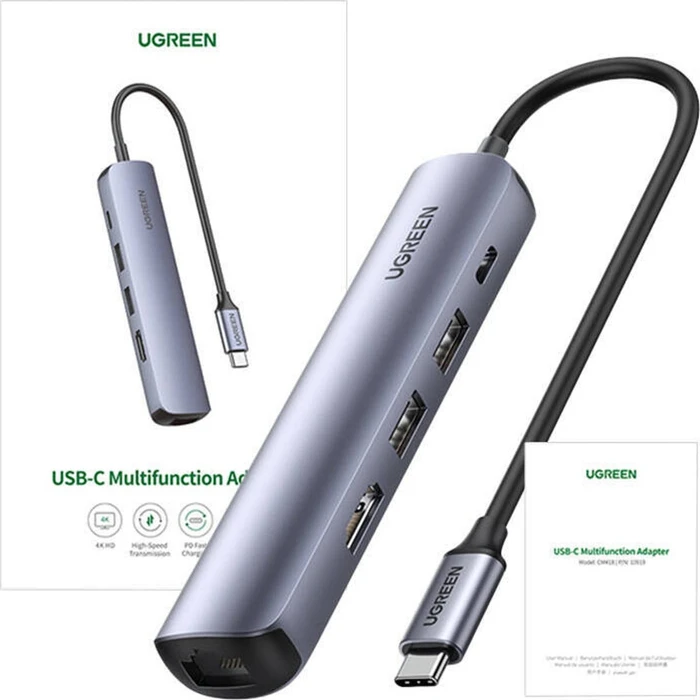 UGREEN Hub Adapter CM418 USB C to 2x USB HDMI RJ45 PD 100W Γκρι