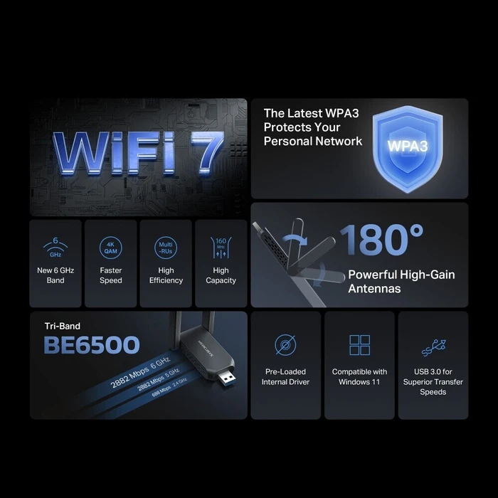 Mercusys Wireless USB Adapter Wi Fi 7 BE6500 High Gain MA37BEH