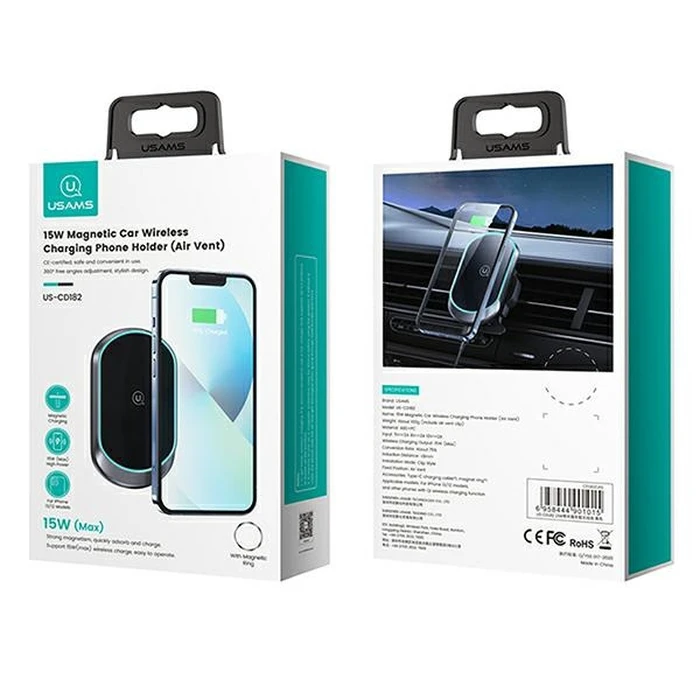 USAMS US-CD182 βάση αυτοκινήτου με ασύρματη φόρτιση 15W (μαύρο)