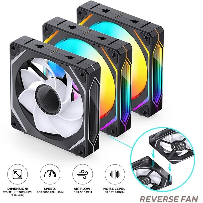 Jonsbo ZL-120BR Reverse Blade Case Fan 120mm (3-pack) - ARGB, 4‑Pin PWM, 1800 RPM, 58.5 CFM