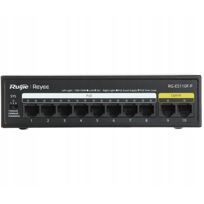Ruijie RG-ES110F-P Unmanaged L2 PoE+ Switch — 8 x 10/100 PoE+ ports, 2 x 10/100 ports
