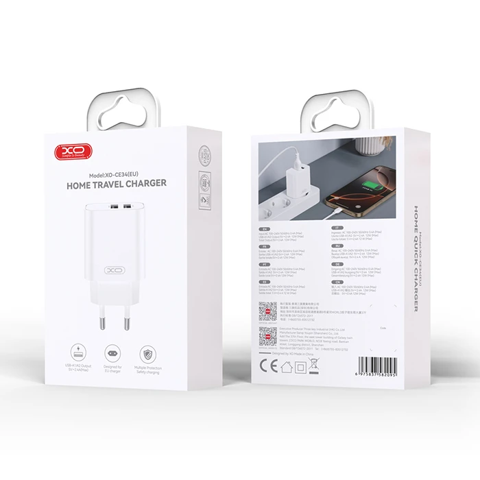 XO USB Chargers Dual USB-A 2.4A Charger CE34 EU White