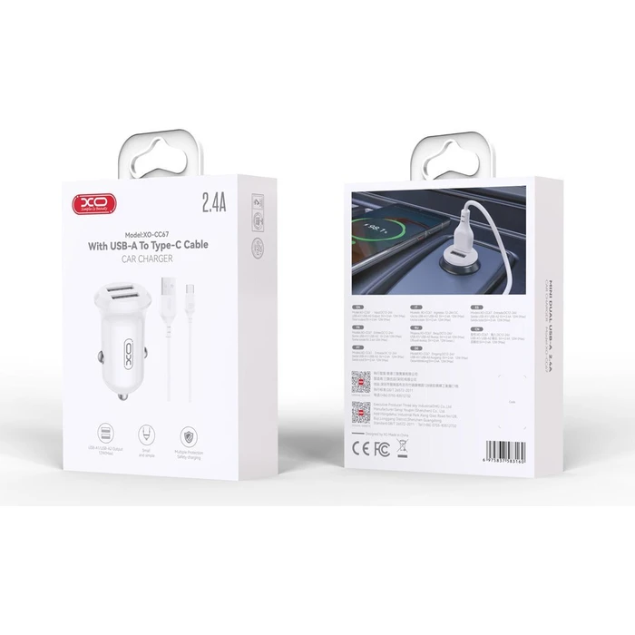 XO Φορτιστής Αυτοκινήτου CC67 Mini Smart με 2 Θύρες USB 2.4A και Καλώδιο Type-C