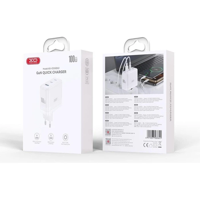 XO Universal GaN Charger with 3 Outputs 2x USB C and 1x USB A White