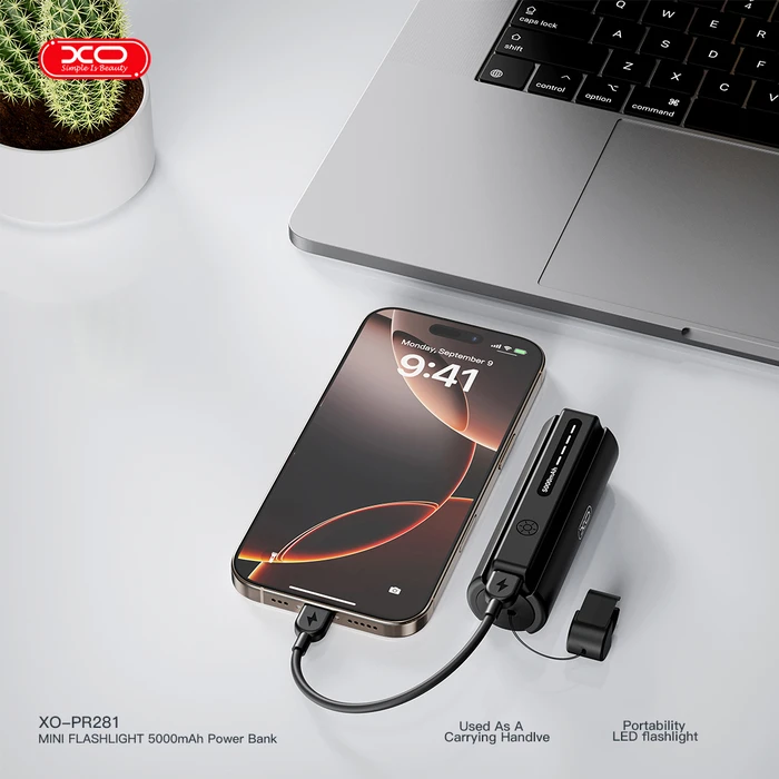 XO Powerbank PR281 Mini 5000mAh με Ενσωματωμένο Φακό και Καλώδιο Φόρτισης Type-C