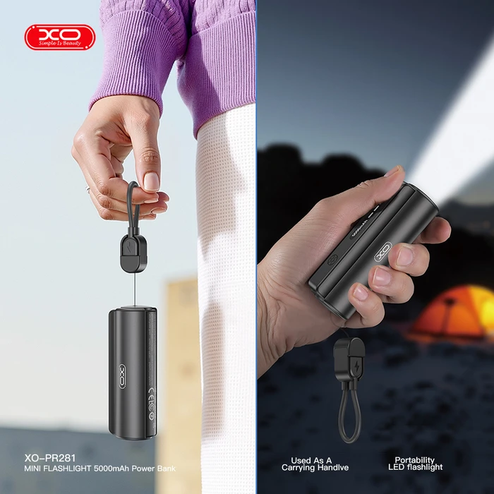XO Powerbank PR281 Mini 5000mAh με Ενσωματωμένο Φακό και Καλώδιο Φόρτισης Type-C