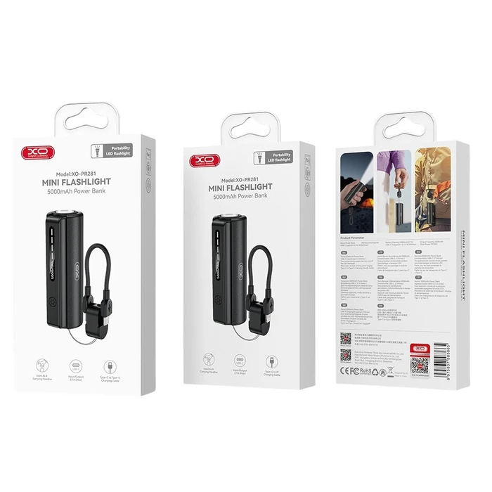 XO Powerbank PR281 Mini 5000mAh με Ενσωματωμένο Φακό και Καλώδιο Φόρτισης Type-C