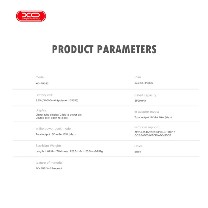 XO Power Bank 10000mAh with 2 USB Ports EU Plug and Built in Type C Cable