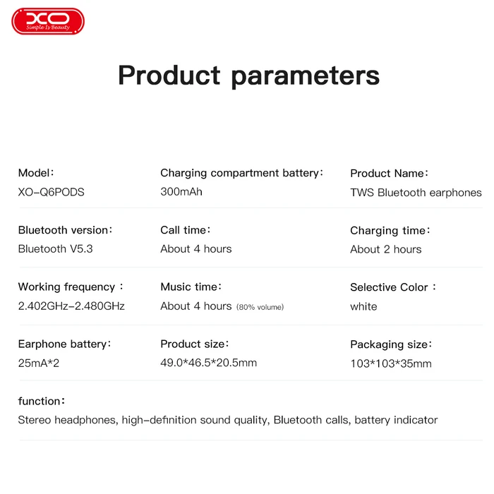 XO Ακουστικά Bluetooth Q6 White Color