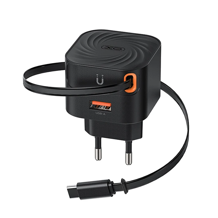 XO Fast Charger with Retractable Type-C Cable and 1 USB-A Port EU 20W L165