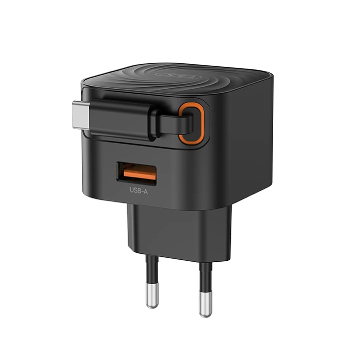 XO Fast Charger with Retractable Type-C Cable and 1 USB-A Port EU 20W L165