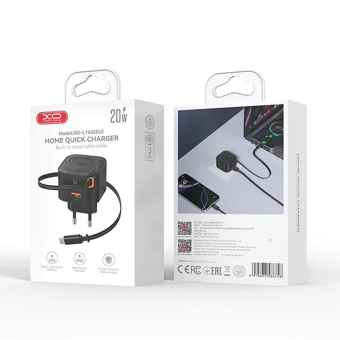 XO Fast Charger with Retractable Type-C Cable and 1 USB-A Port EU 20W L165