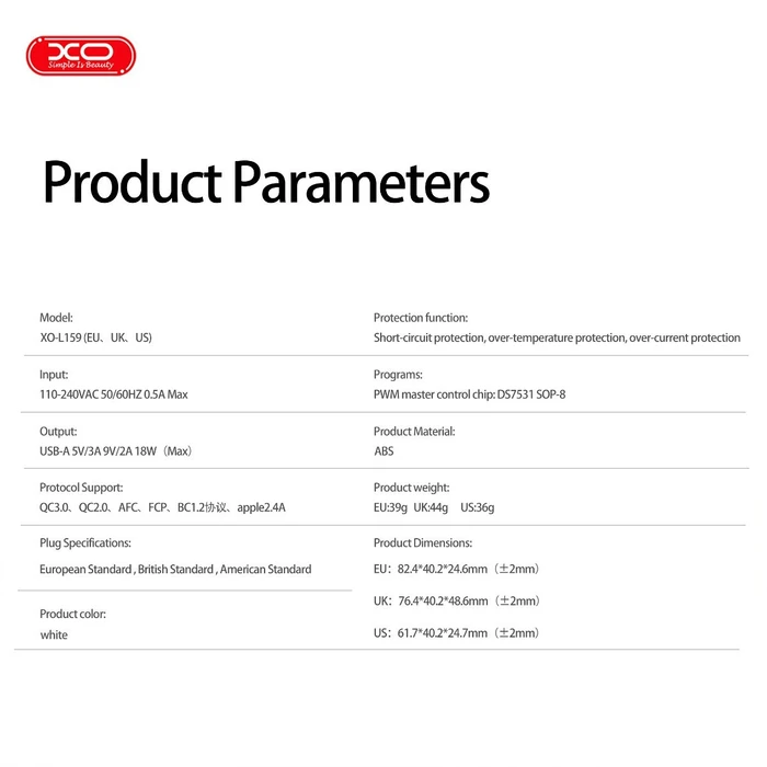 XO Charger USB A 18W White XO L159 EU QC3 0