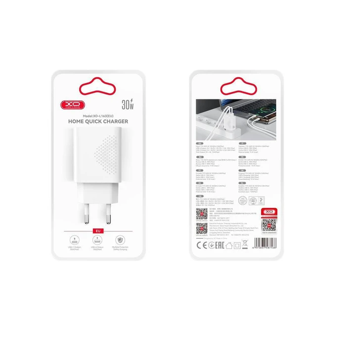 XO Charger XO L163 2 Ports USB-A and USB-C PD30W QC18W White