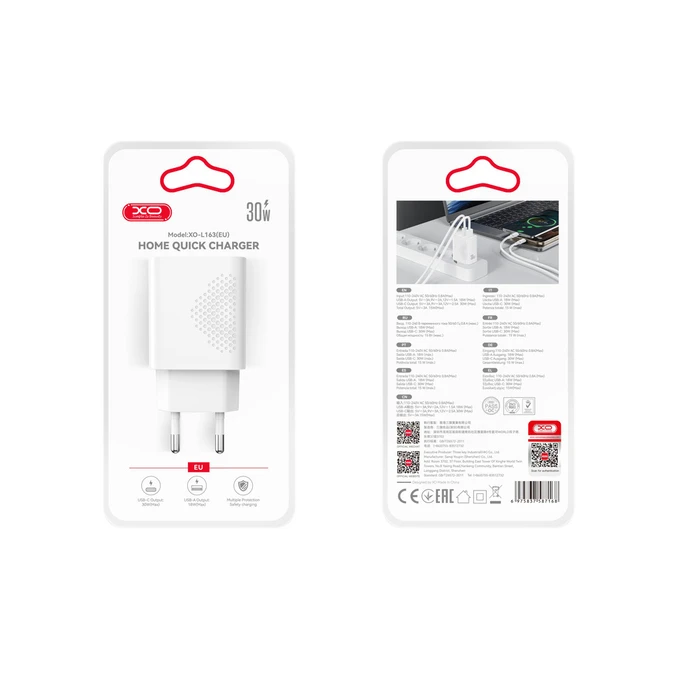 XO Charger XO L163 2 Ports USB-A and USB-C PD30W QC18W White