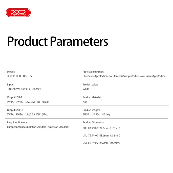 XO Charger XO L163 2 Ports USB-A and USB-C PD30W QC18W White