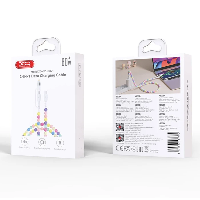 Cable XO Colourful Bead Type C to Type C and Lightning 60W 27W 1m