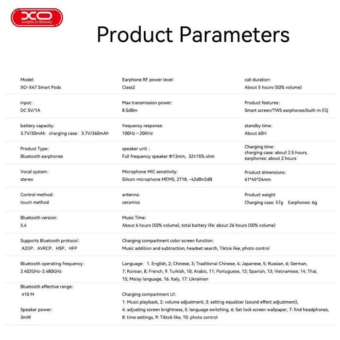 XO Headphones XO X47 Smart TWS 4th Generation with Display White