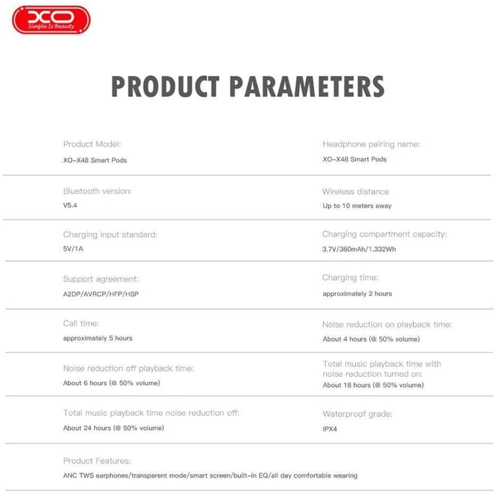 XO Ακουστικά XO X48 Smart TWS 5ης Γενιάς ANC με Οθόνη Λευκά