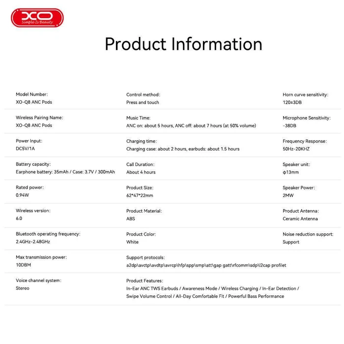 XO Q8 ANC Wireless Earbuds Bluetooth 8th Generation