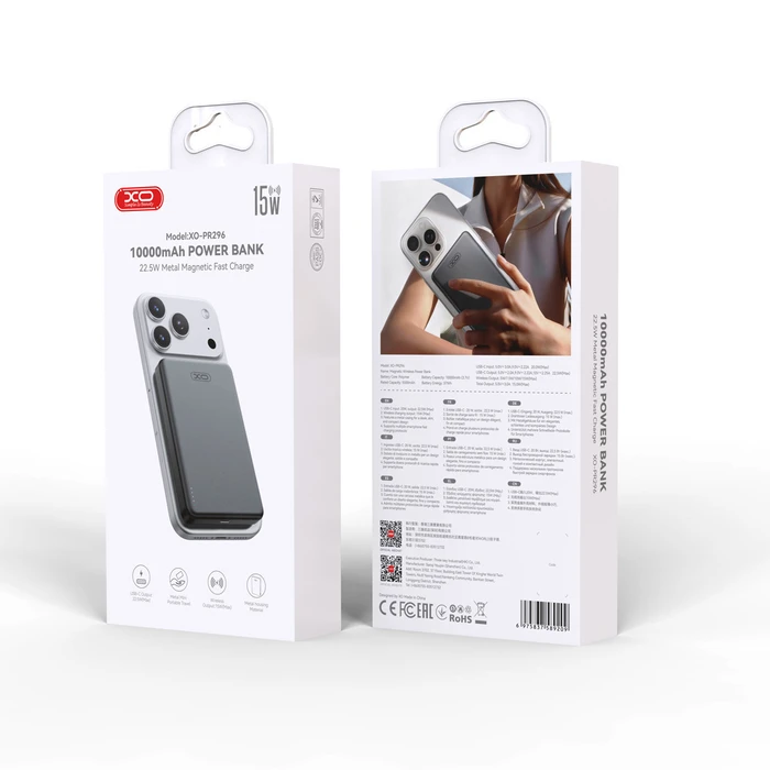 XO Powerbank Ταχείας Φόρτισης Μεταλλικό με Μαγνήτη 10000mAh Γκρι PR296